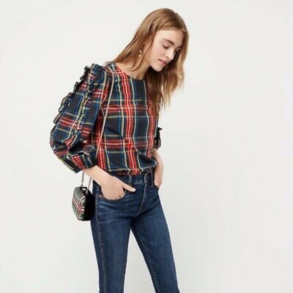 J.Crew Ruffle Sleeve Top Stewart Tartan Holiday Plaid Black Red Green S - Picture 1 of 7